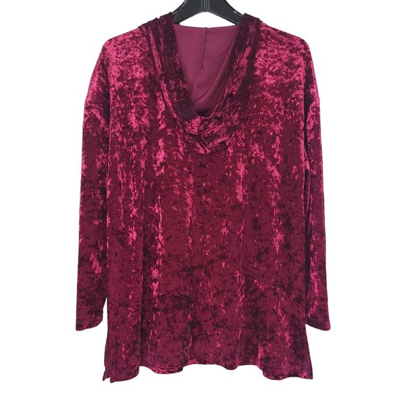 Jodifl Burgundy Velvet Hooded Pullover Top Sz M Stretchy Pocket Long Sleeve Boho - Picture 2 of 12